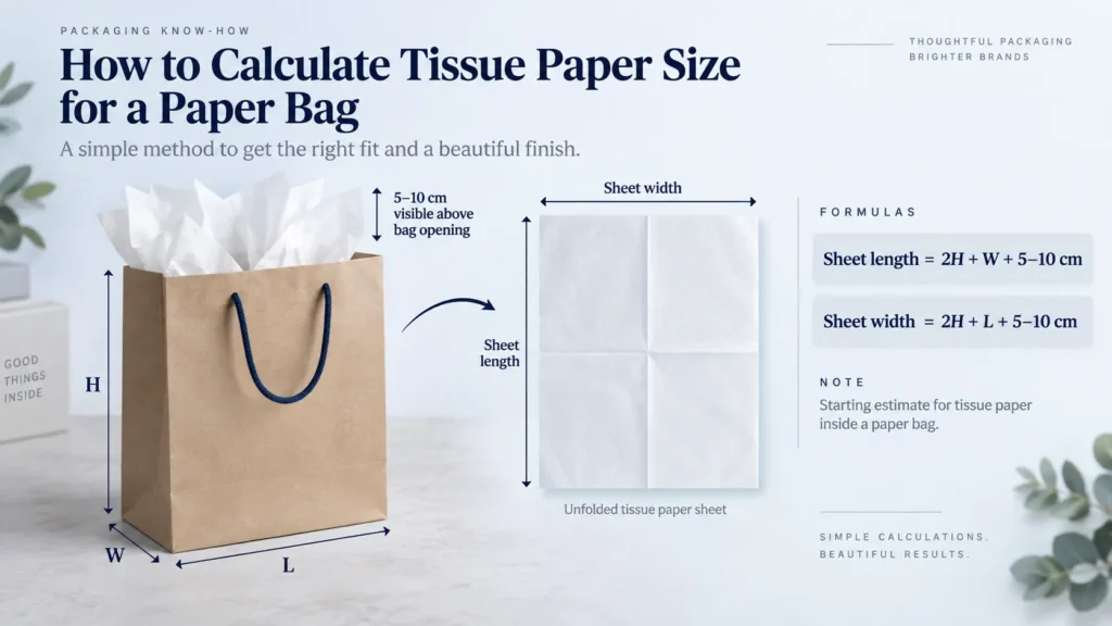 Diagram showing how to calculate tissue paper size for a paper bag using bag width (L), gusset depth (W), height (H), and a 5–10 cm visible allowance above the bag opening.