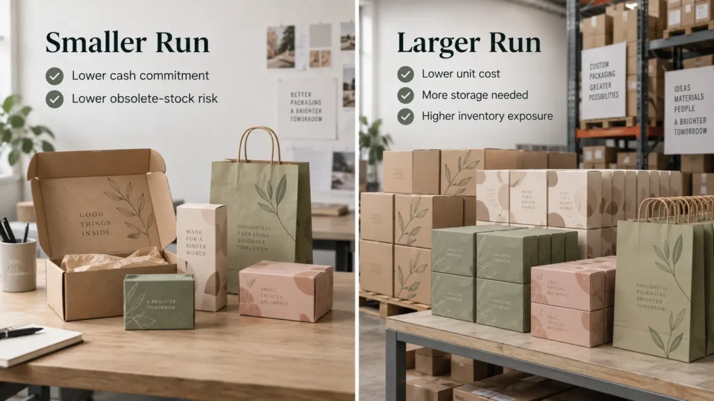 Comparison of smaller and larger custom packaging orders, showing differences in cash commitment, unit cost, storage needs, and inventory risk.
