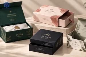 Magnetic, drawer and lid-and-base rigid box styles shown with custom luxury packaging designs.
