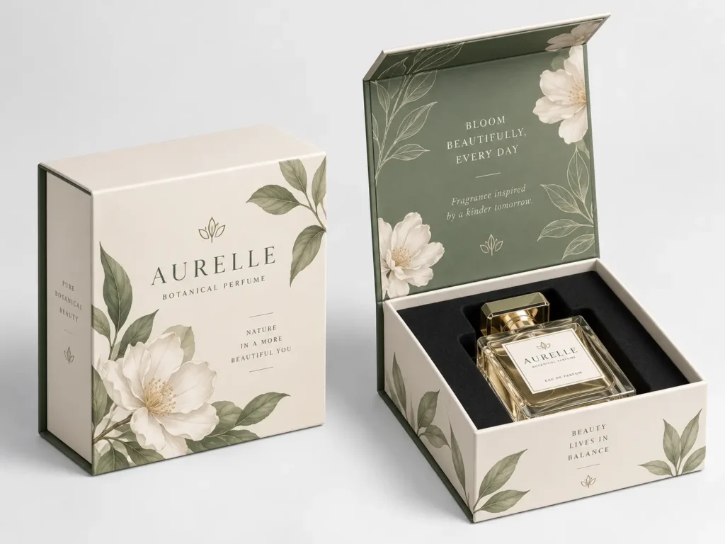 Magnetic rigid box with hinged lid, custom printed design and fitted insert for premium perfume packaging.