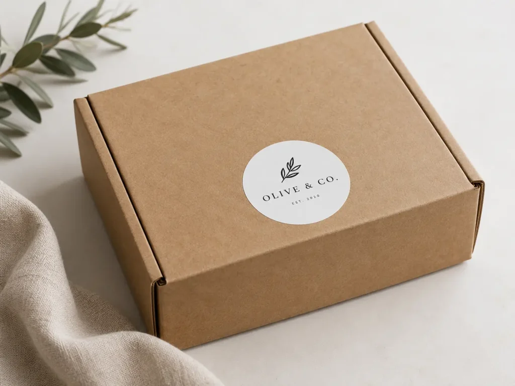Plain kraft mailer box with a custom logo sticker, a flexible low-commitment packaging option for small businesses testing products or branding