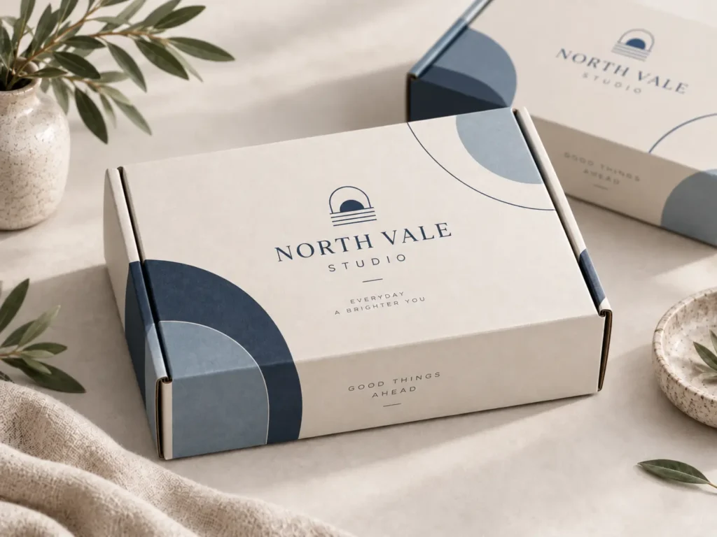 Stock-size printed mailer box with custom branded artwork, offering small businesses a middle step between plain packaging and fully custom mailer boxes